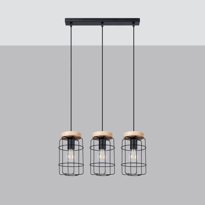 Suspension Gotto à 3 cages en acier noir et bois, éteinte