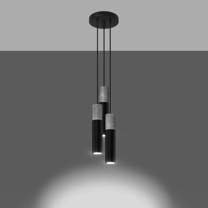Suspension Borgio tube en acier noir et béton gris, allumée