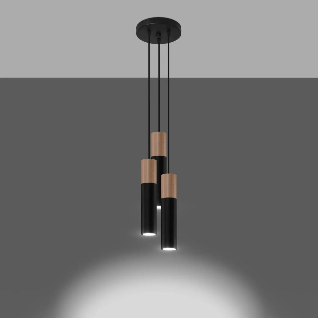 Suspension Pablo à tube en acier noir et manchon en bois, allumée