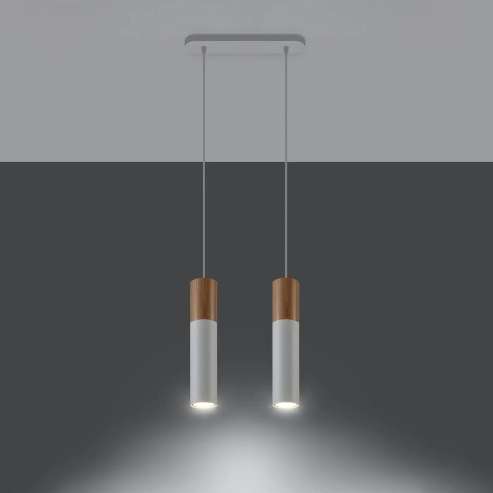 Suspension tube bois et acier blanc/bois naturel allumée