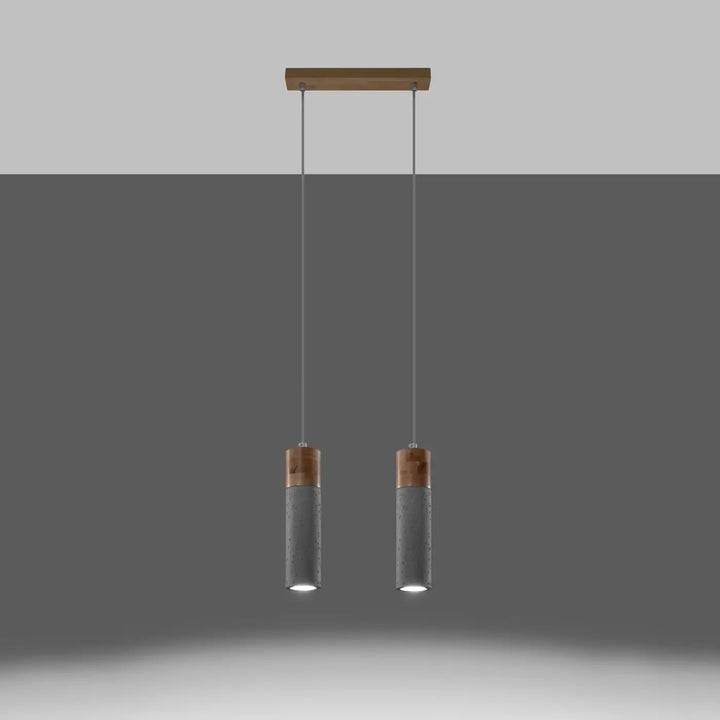 Suspension Zane en béton gris et bois naturel, allumée