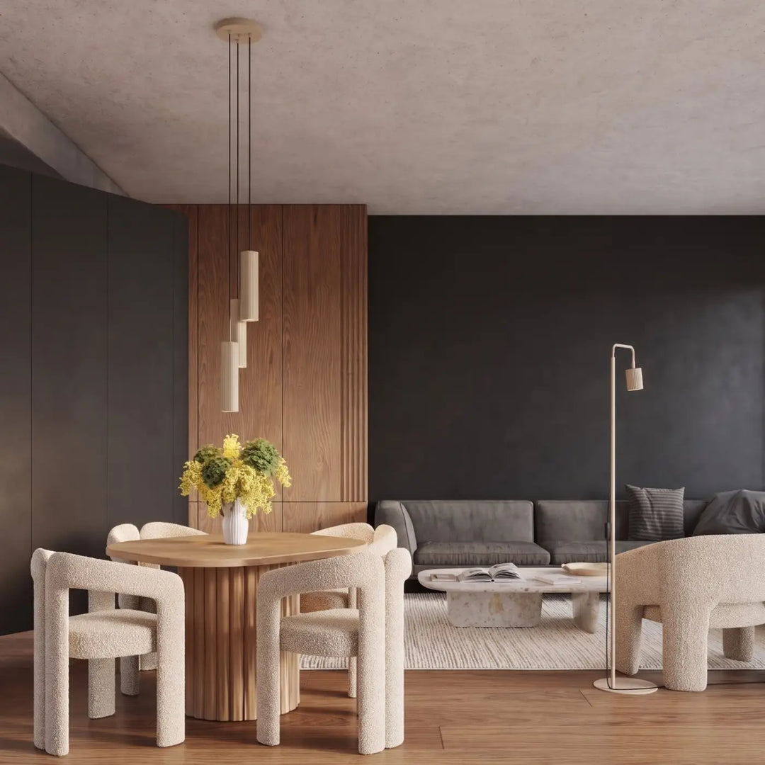 Suspension Rayo taupe à tube cannelé au-dessus d'une table à manger