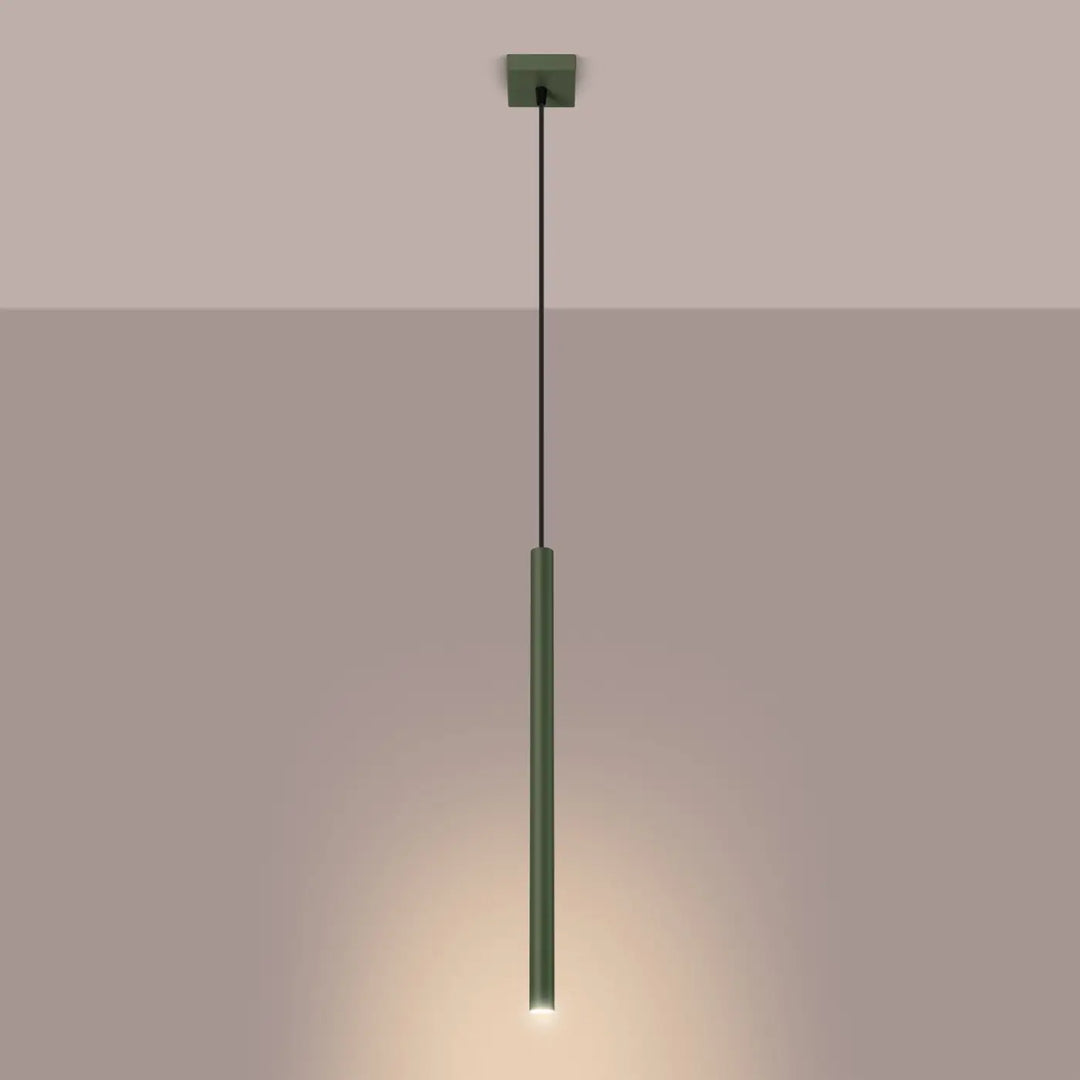 Suspension Pastelo à tube fin vert olive, allumée