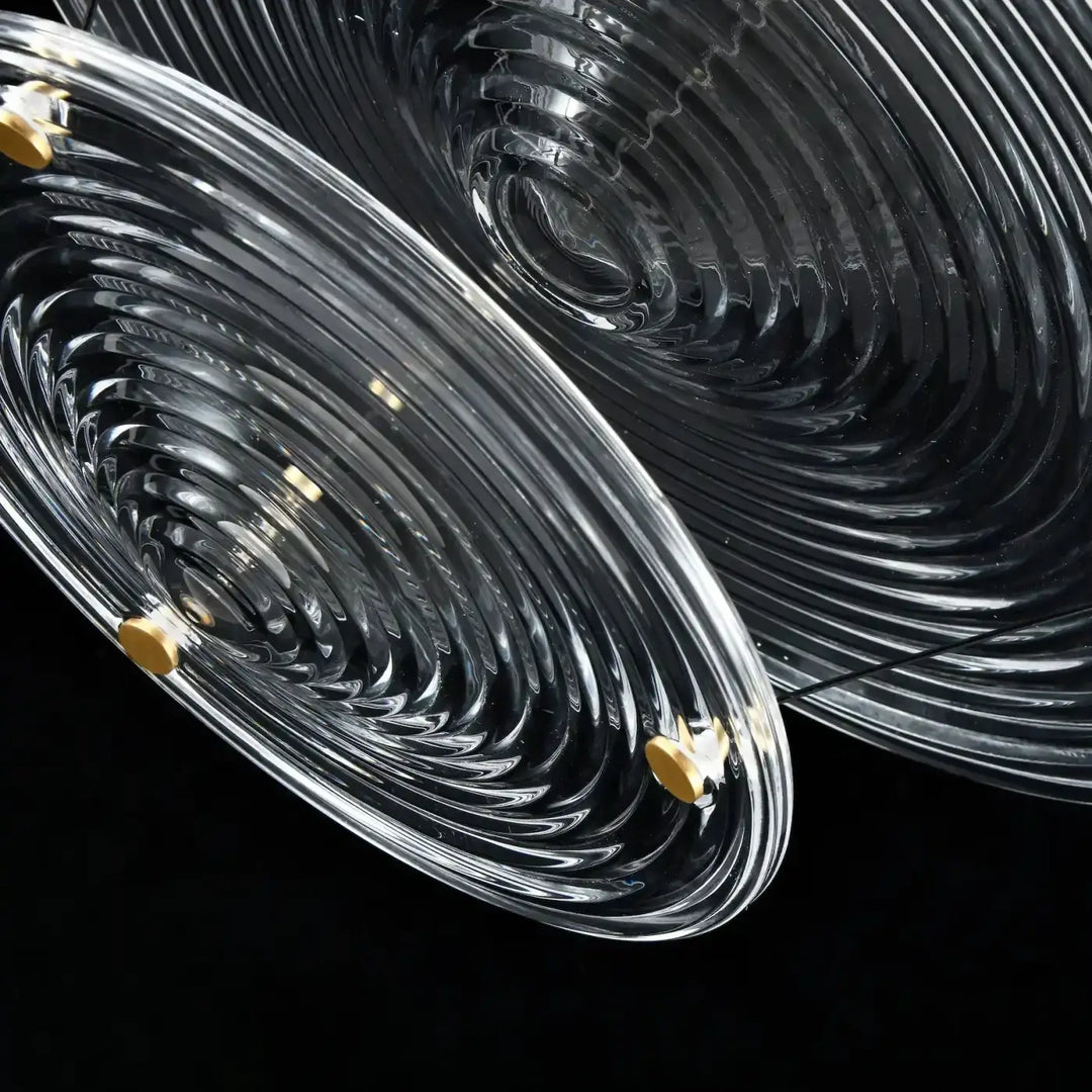 Suspension venise en verre soufflé clair avec rainures circulaires concentriques et ferrure dorée