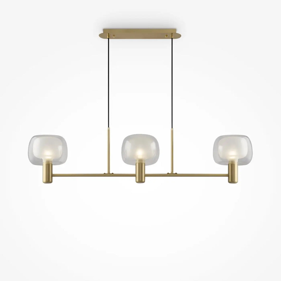 Suspension vision ligne dorée en laiton moderne avec trois globes en verre dépoli suspendus par cordons noirs style art déco