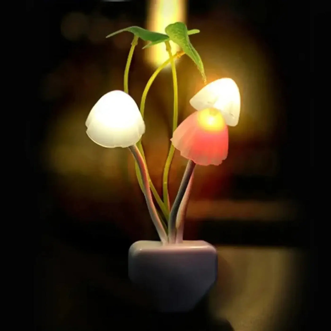 Veilleuse champignon led vouni blanche et rose avec tiges vertes conçue pour éclairer doucement une pièce sombre
