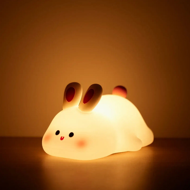 Veilleuse led animaux en forme de lapin blanc doux avec oreilles marron et queue rouge pour ambiance douce