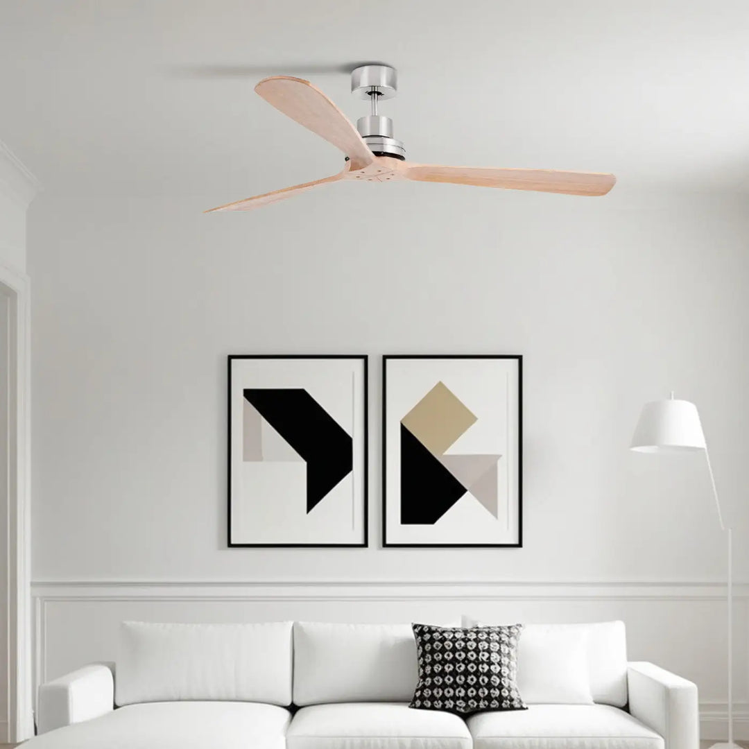 Ventilateur de plafond Lantau XL nickel mat et pin en situation